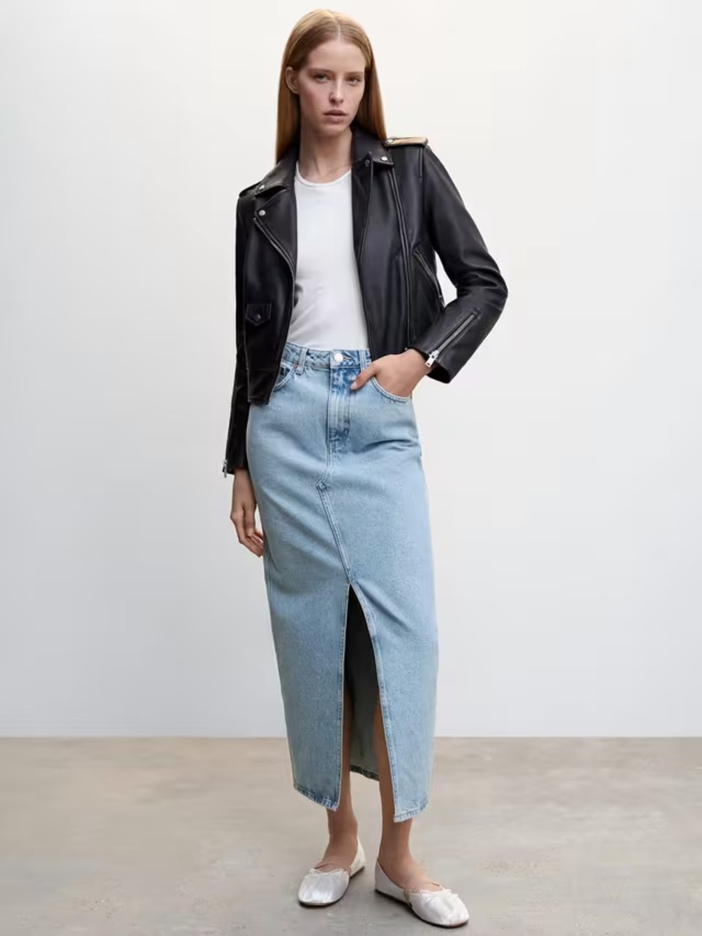 Mango Matilda Denim Maxi Skirt High-Waist Light Blue with Front Slit Size Medium